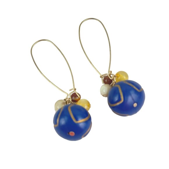 Handcrafted Boho Blue Wood Beaded Dangle Earrings - Picture 3 of 8